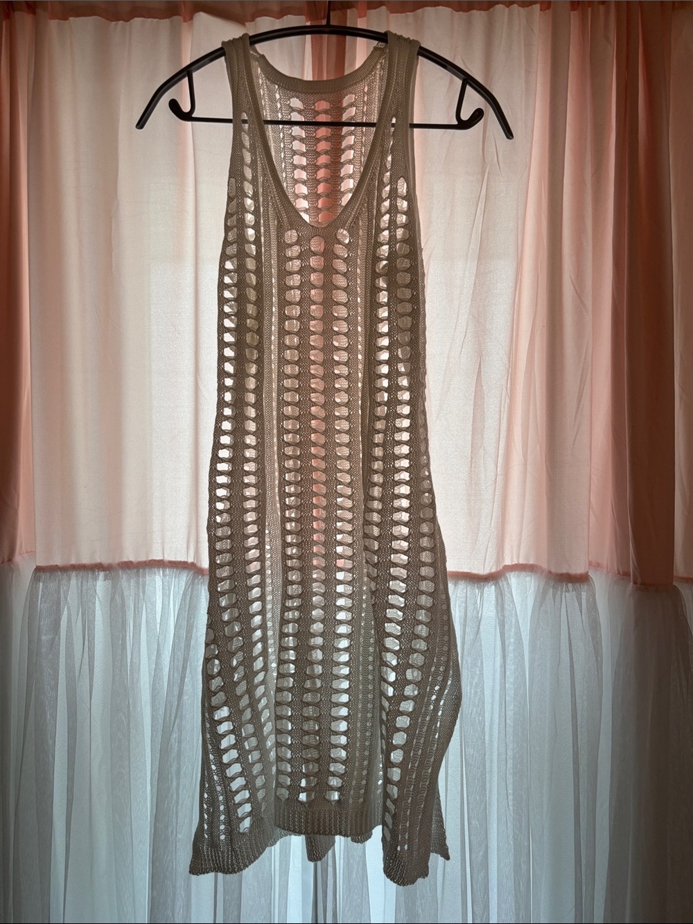 Sleeveless Open-Knit Beach Dress in Beige